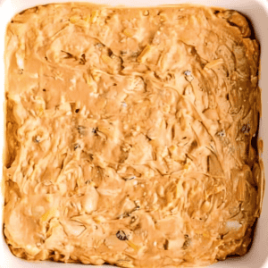 bbq chicken dip in a white baking dish.