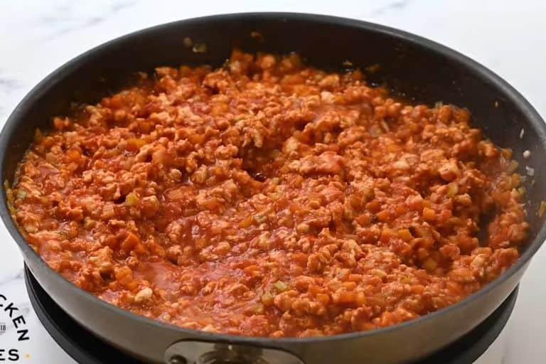 Fully cooked buffalo chicken sloppy joes mixture in a skillet.