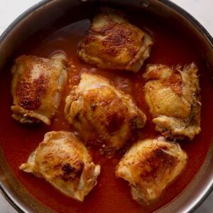 Spanish chicken and rice in a skillet