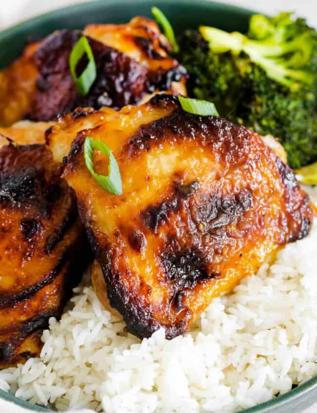 up close air fryer honey mustard chicken thighs with rice