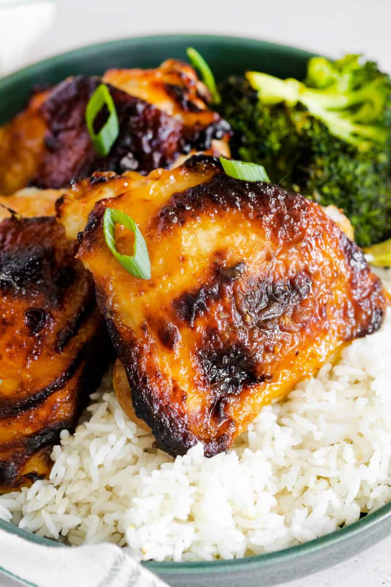 up close air fryer honey mustard chicken thighs with rice