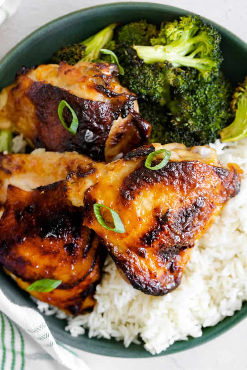 up close air fryer honey mustard chicken thighs with rice