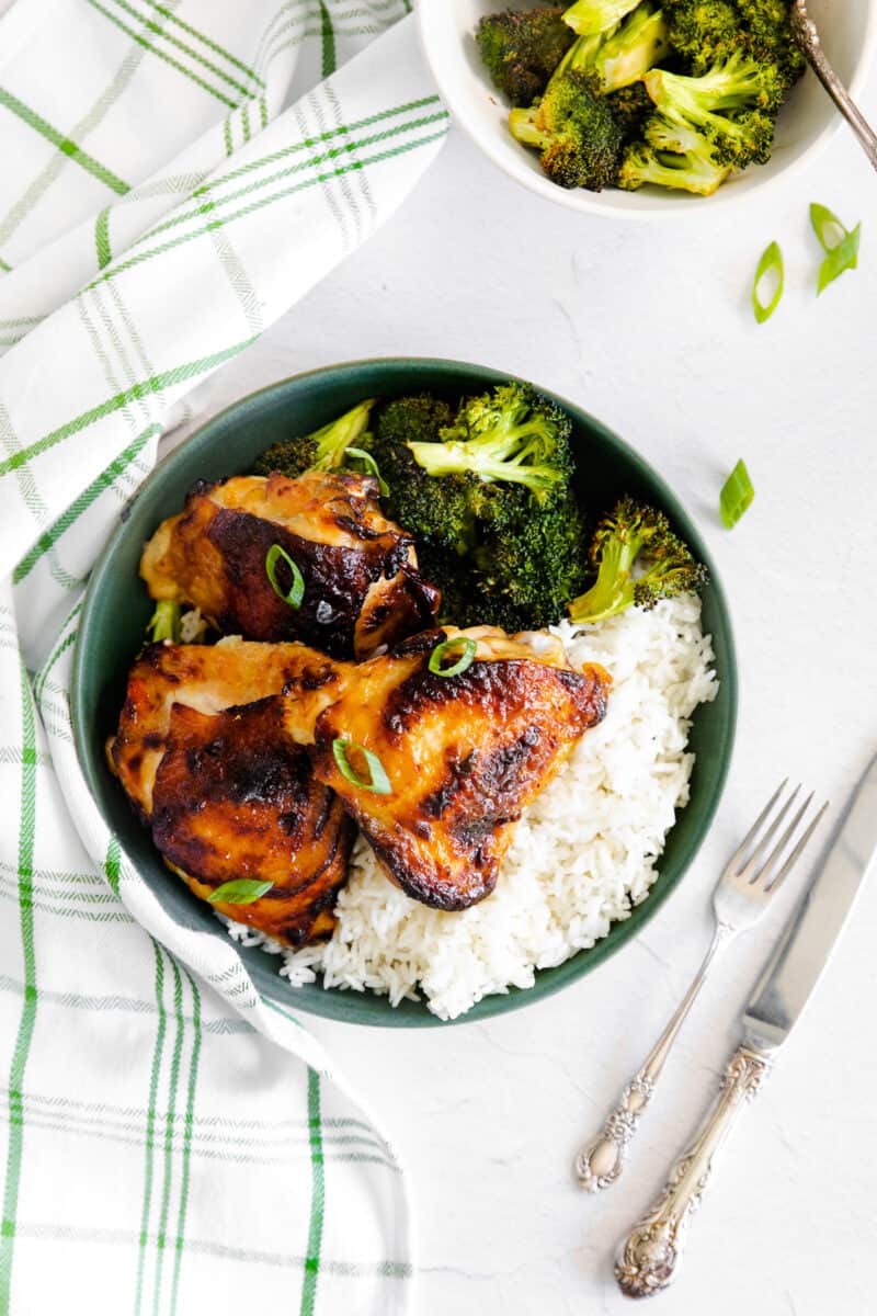 plate of air fryer honey mustard chicken with rice and broccoli