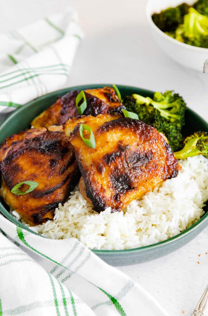 plate of air fryer honey mustard chicken with rice and broccoli