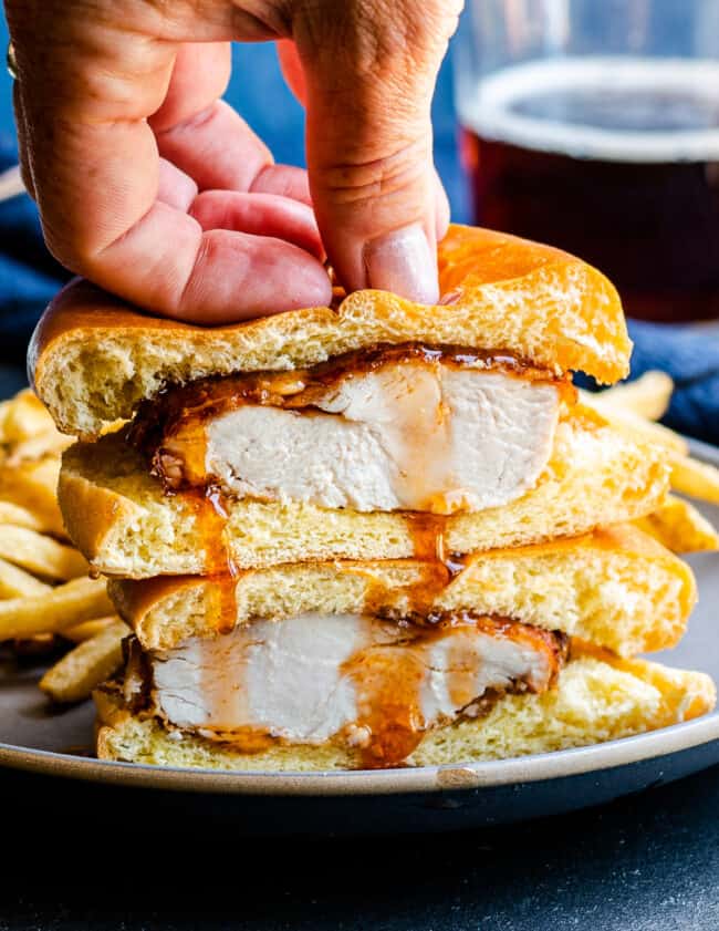 stacked beer battered chicken sandwich with hot honey