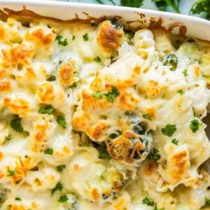 overhead broccoli chicken alfredo in baking dish