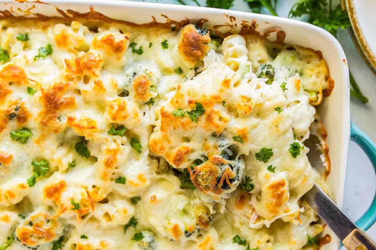 overhead broccoli chicken alfredo in baking dish