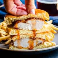 featured beer battered chicken sandwich with hot honey
