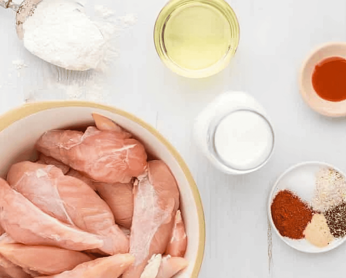 ingredients for fried chicken tenders.