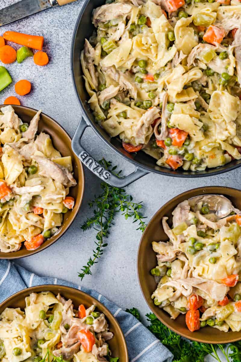 dutch oven and bowls filled with chicken and noodles