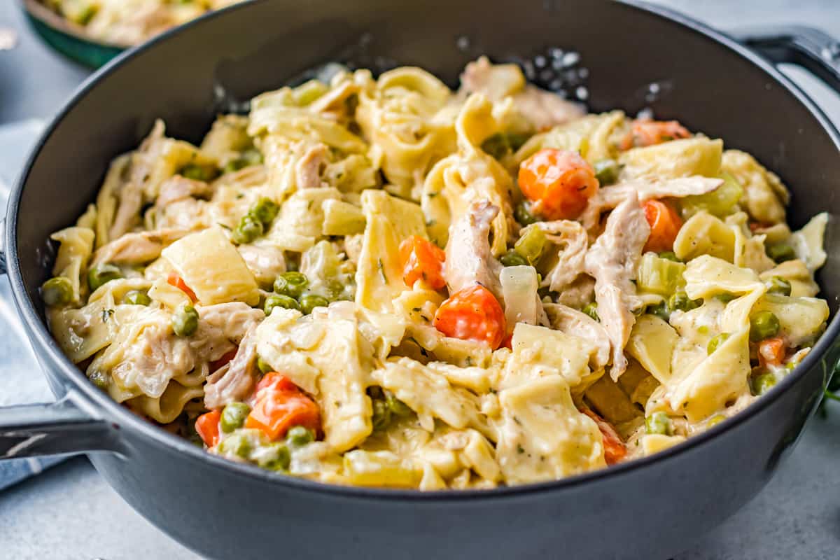 blue dutch oven filled with chicken and noodles