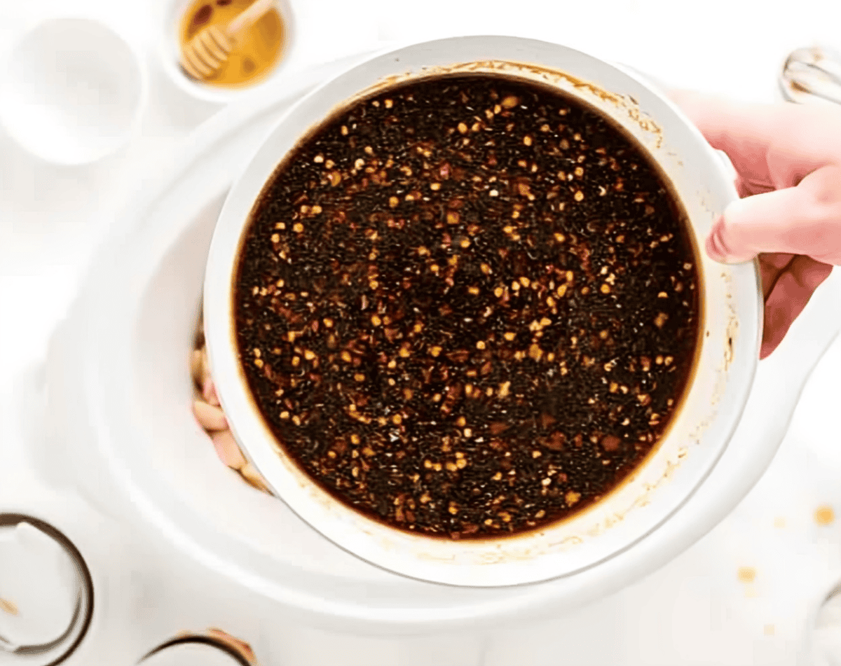 sesame sauce in a white bowl.