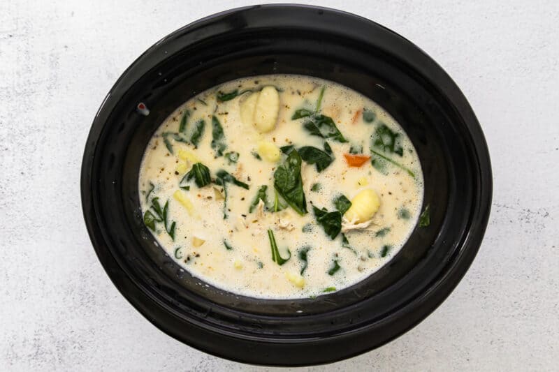 chicken gnocchi soup in a crockpot before serving