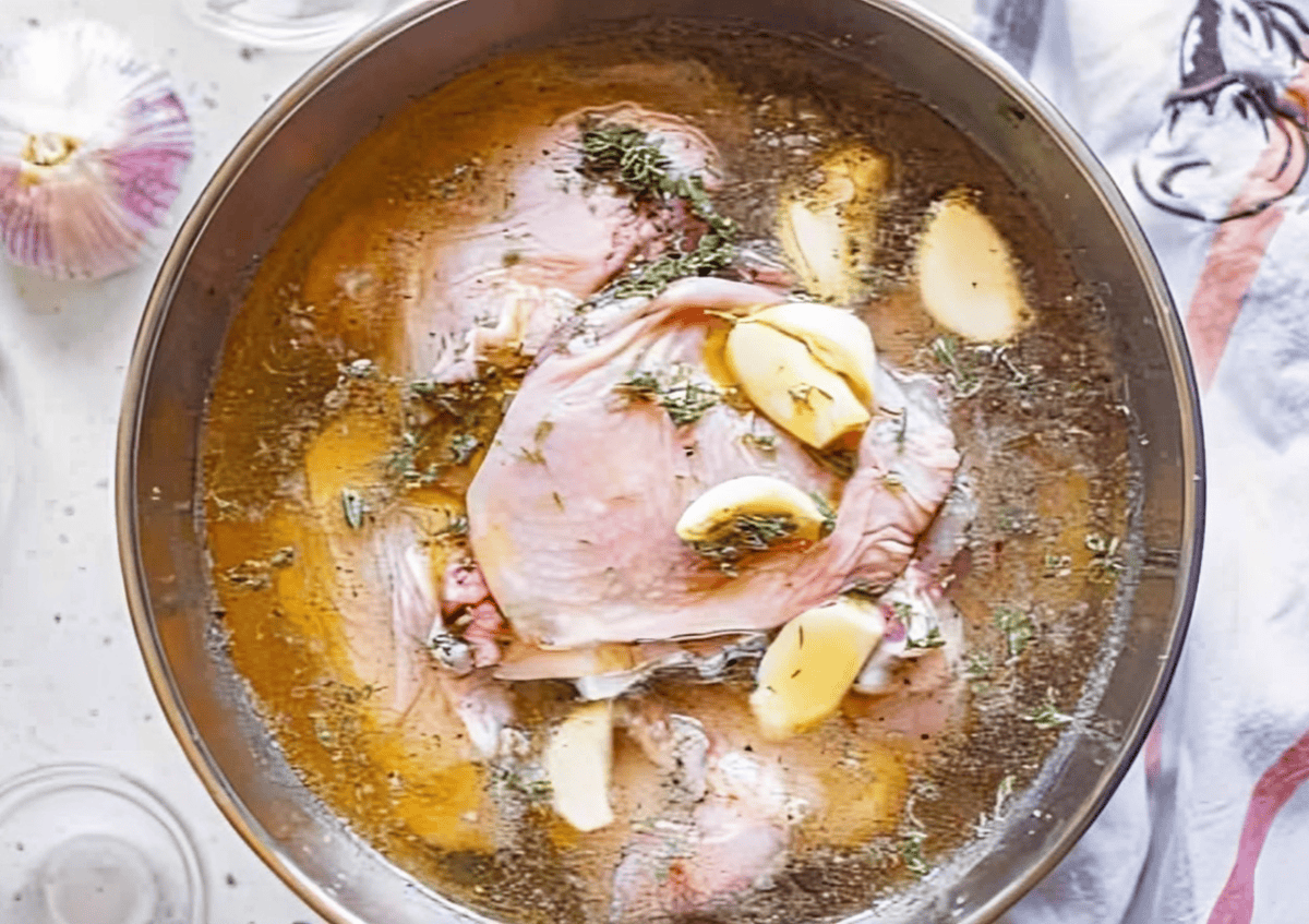 Chicken thighs marinating in a beer mixture with garlic.