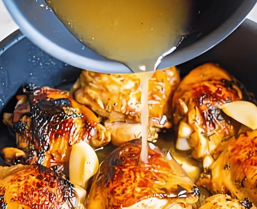 Pouring beer marinade over cooked chicken.