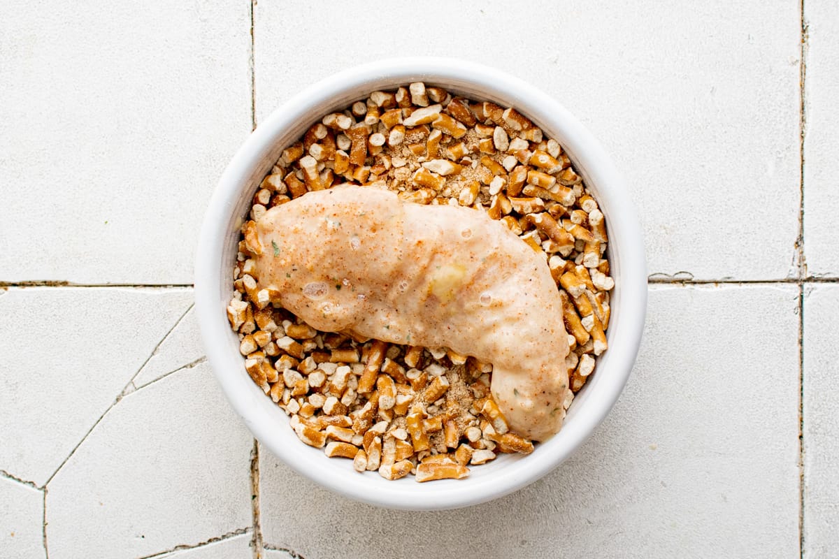 Chicken tender dipped in pretzel breading.