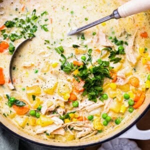 overhead view of a pot of chicken pot pie soup with a ladle and herbs.