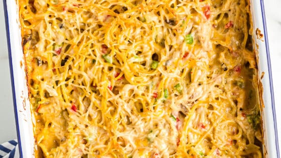 chicken spaghetti casserole in a baking dish after baking
