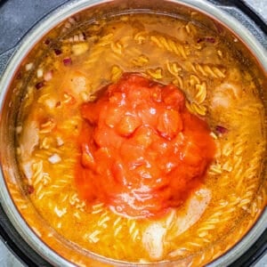 chicken fajita pasta and tomatoes in Instant Pot before cooking
