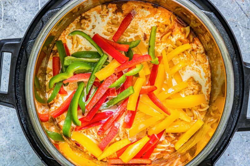 bell peppers added to chicken fajita pasta in Instant Pot