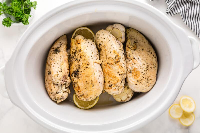 browned chicken breasts in crockpot