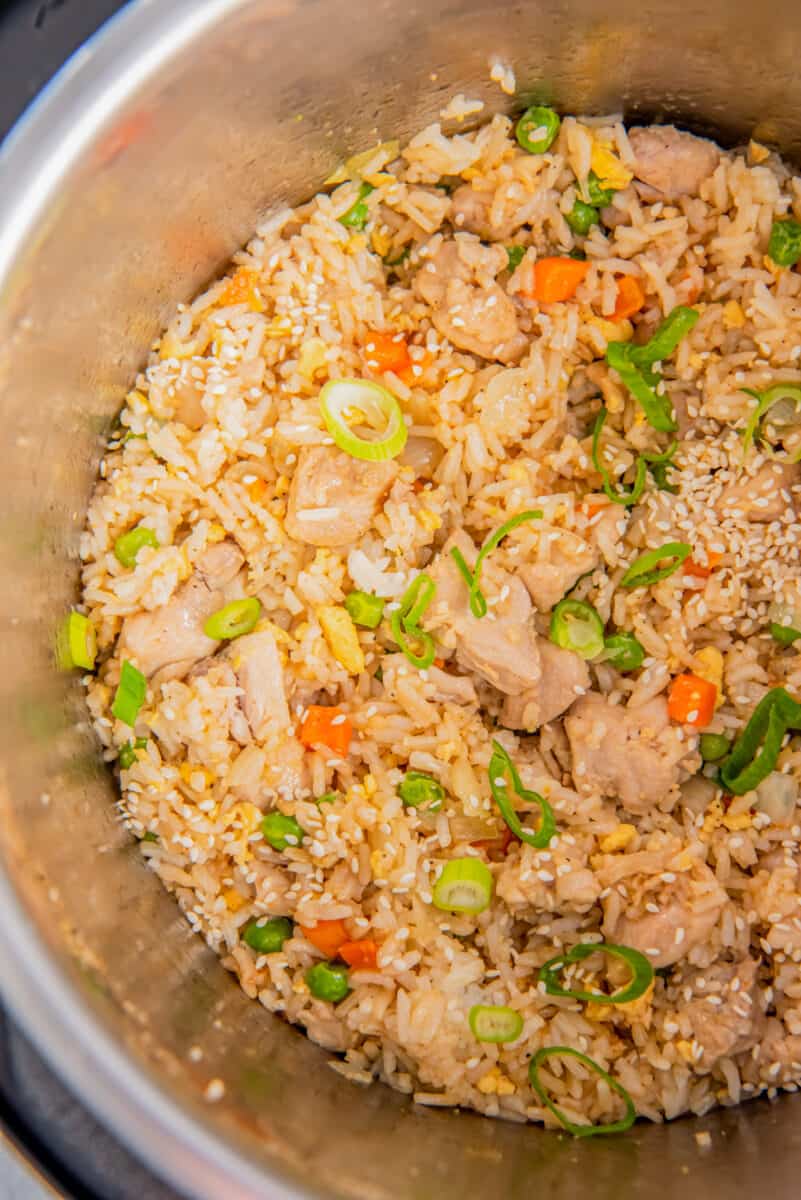 chicken fried rice topped with green onions in instant pot