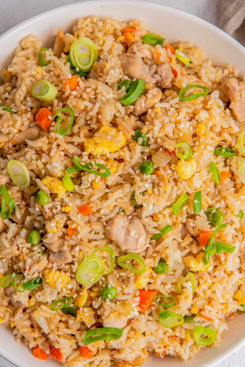 close up image of chicken fried rice topped with green onions in a white bowl