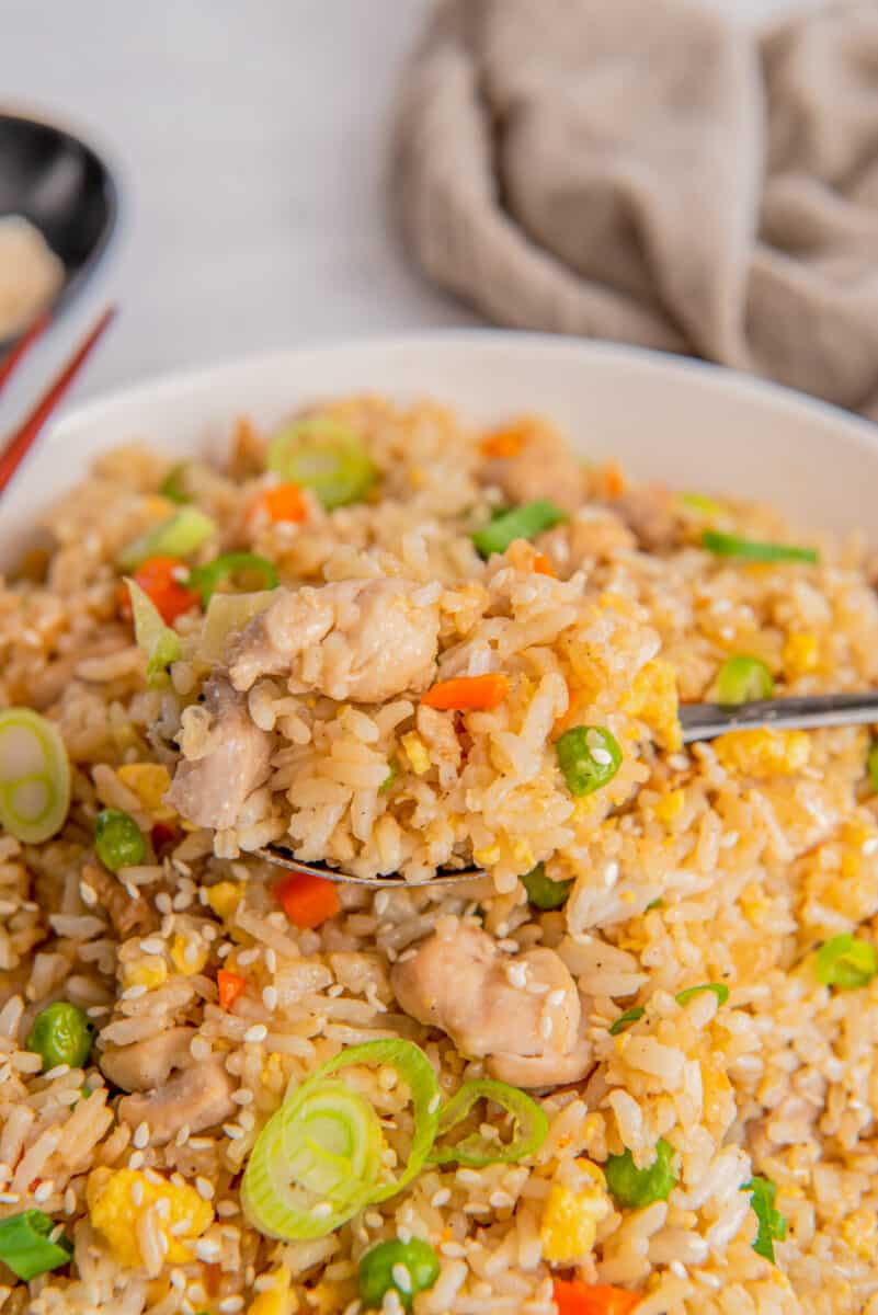 chicken fried rice topped with green onions in a white bowl with a serving spoon
