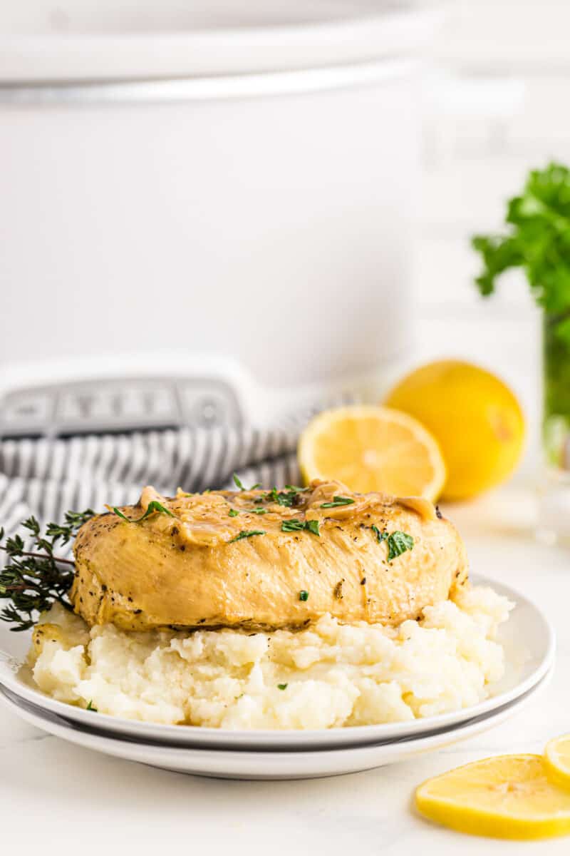 lemon herb chicken breast on top of mashed potatoes on a white plate