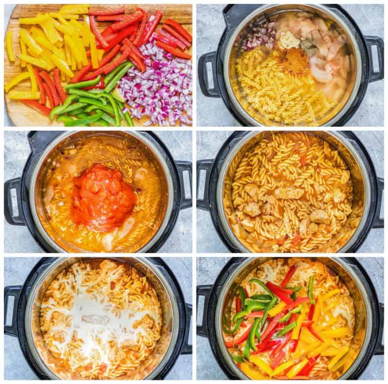 step by step photos for how to make Instant Pot chicken fajita pasta