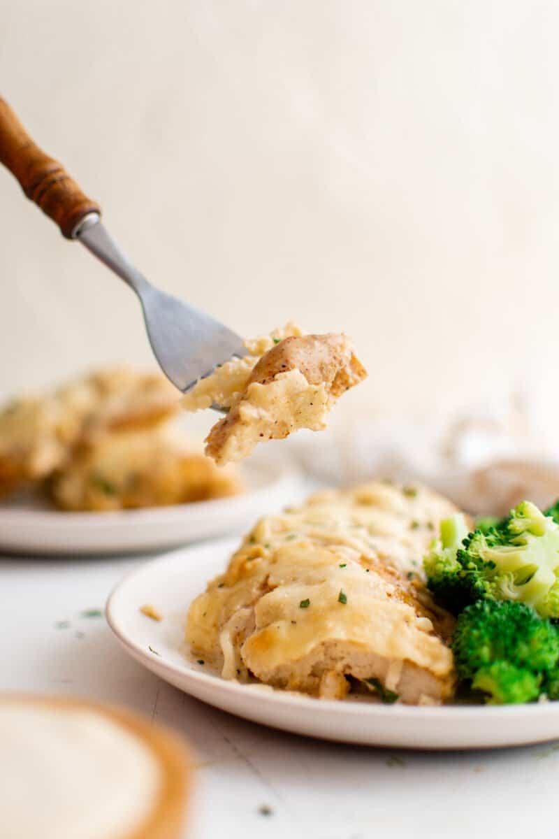 fork with a piece of caesar chicken