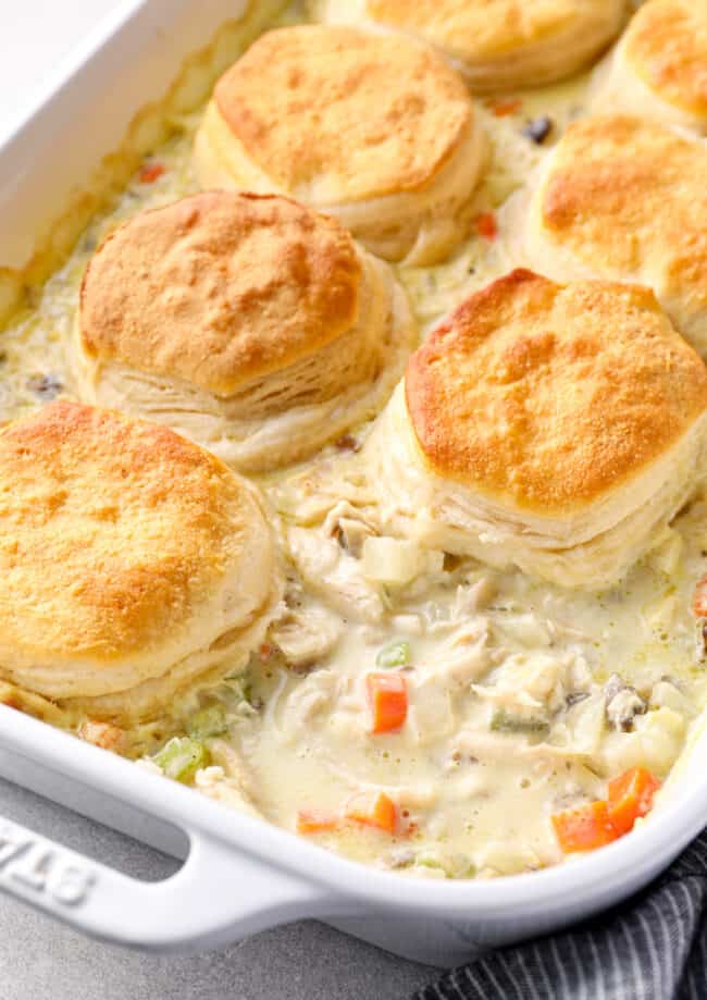 chicken pot pie casserole topped with biscuits in a white baking dish