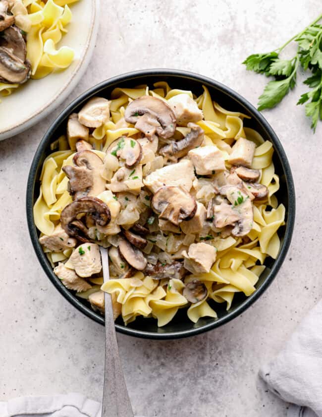 chicken stroganoff with egg noodles in a black bowl with a fork