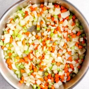 chopped carrots, celery, and onion in a pan