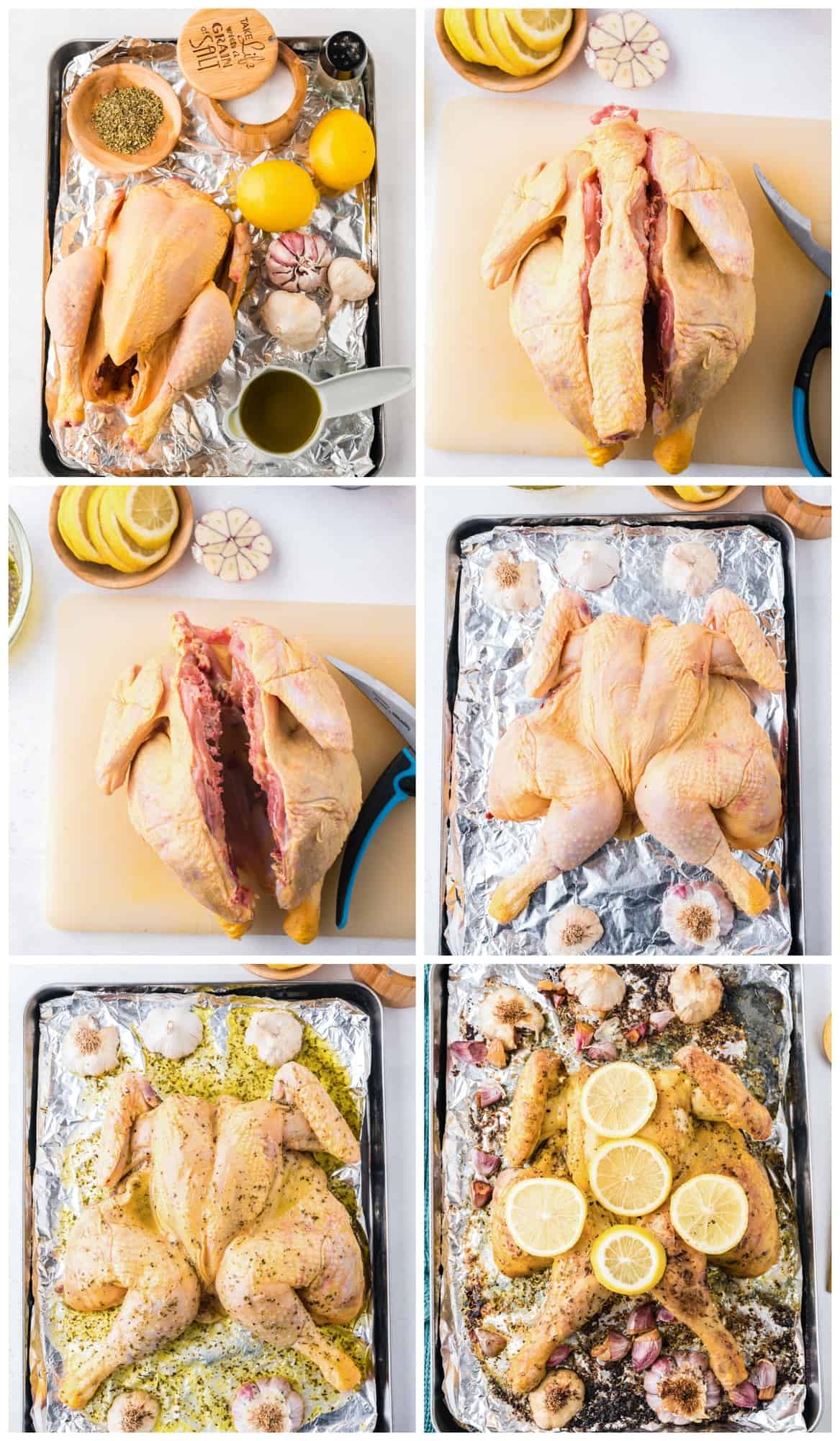 step by step photos for how to make lemon garlic spatchcock chicken