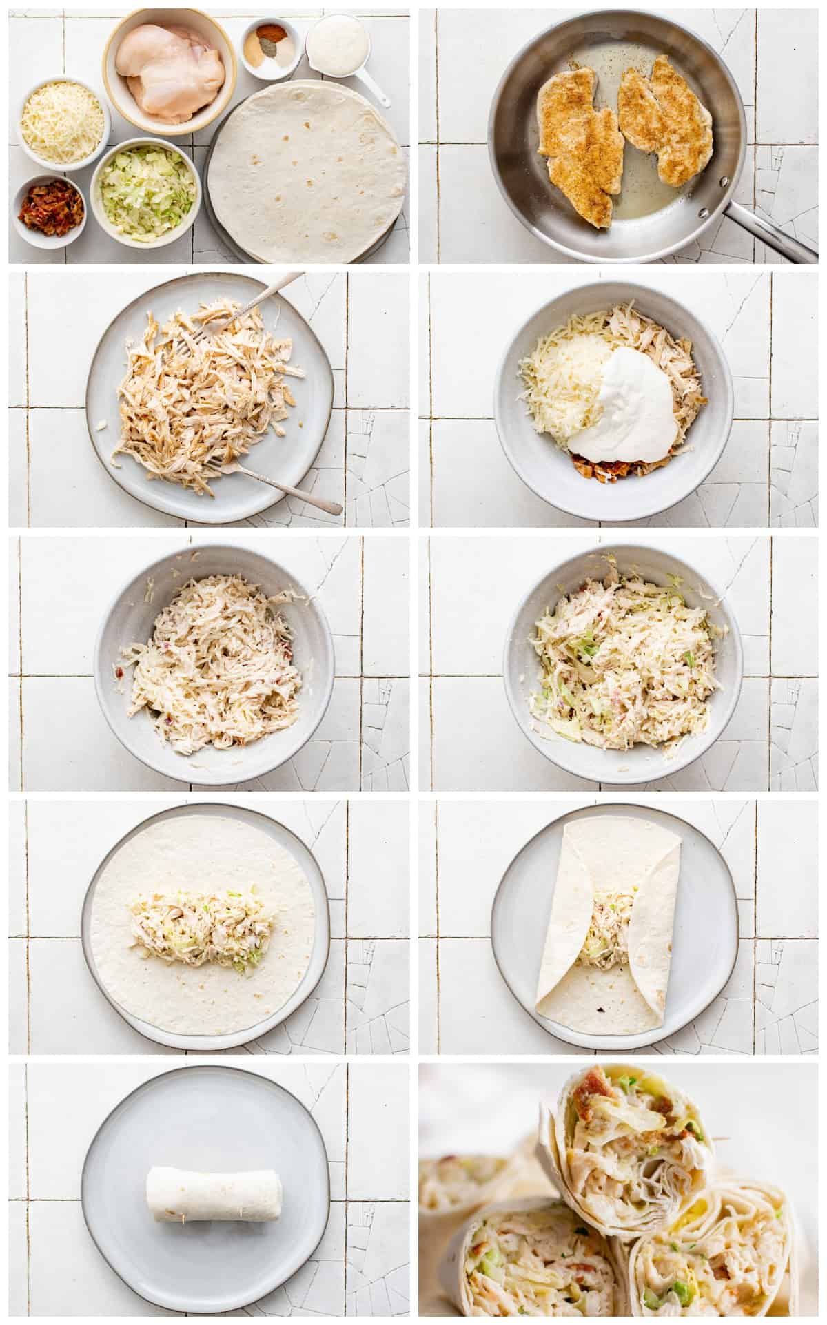step by step photos for how to make chicken ranch wraps