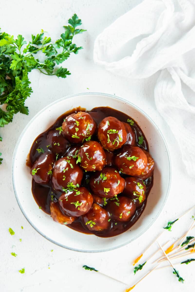 bbq chicken meatballs in a white serving bowl