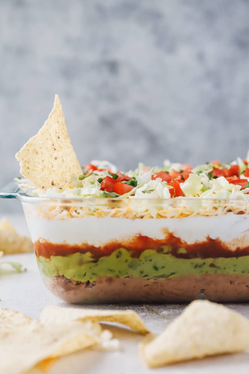 chip in layered chicken taco dip