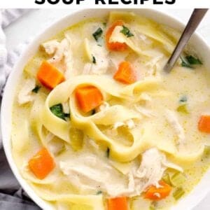 shredded chicken soup in a white bowl with the text easy shredded chicken soup recipes.