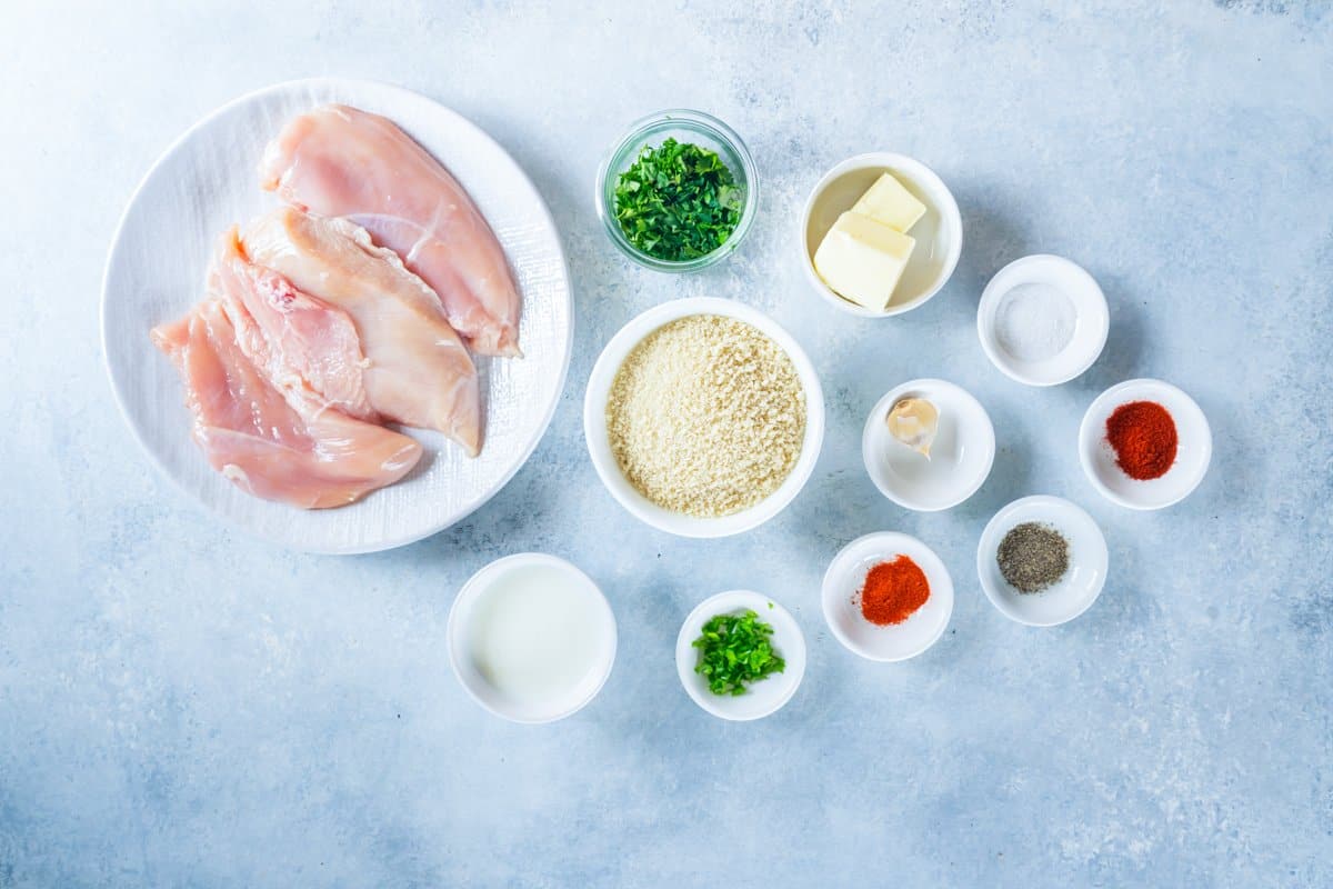 overhead view of ingredients to make chicken kiev.