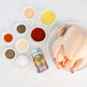 overhead view of ingredients for beer can chicken.