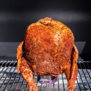 beer can chicken on a grill.
