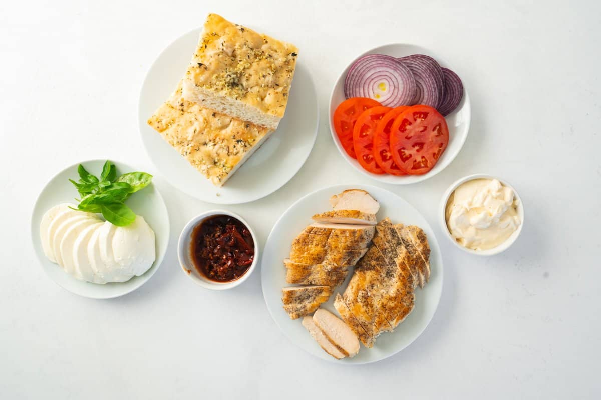 overhead view of ingredients for panera frontega chicken sandwich.