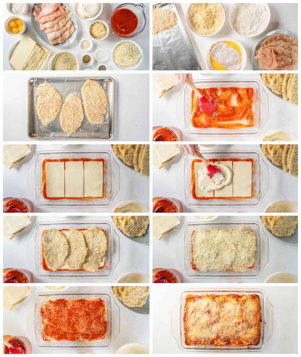 step by step photos for how to make chicken parmesan lasagna.