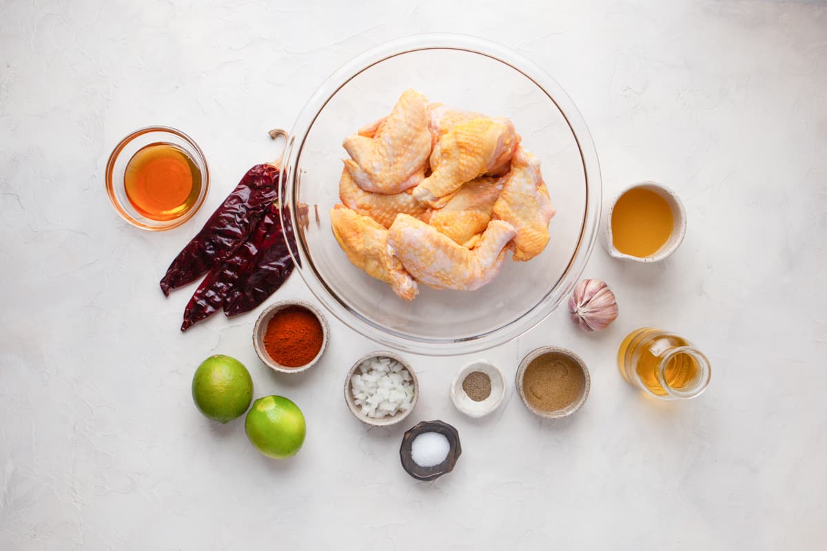 overhead view of ingredients for air fryer hot honey chicken wings.