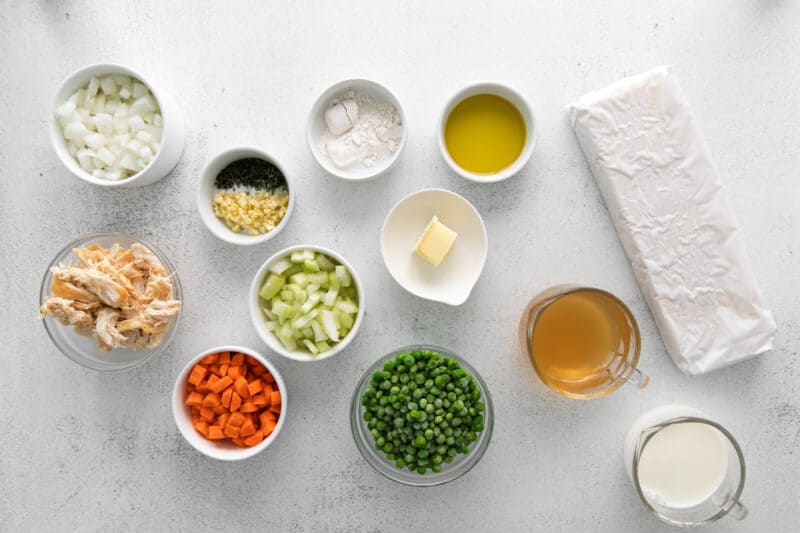 overhead view of ingredients for individual chicken pot pies.