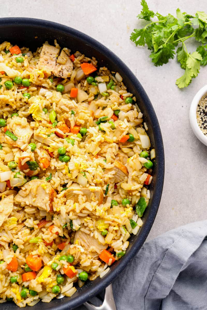 a skillet of fried rice