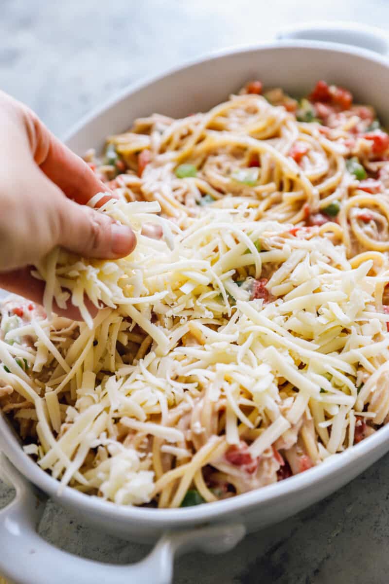sprinkling shredded cheese on top of a chicken spaghetti casserole