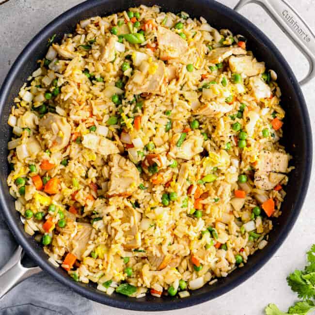 a skillet of easy chicken fried rice
