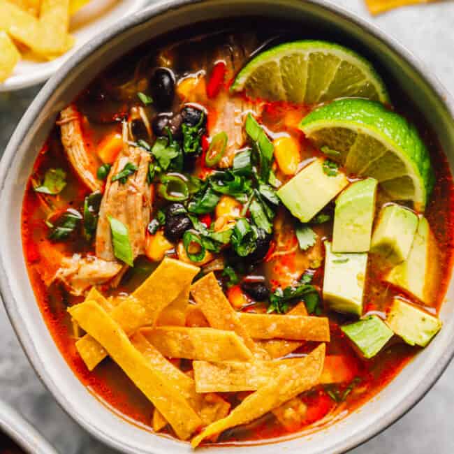 close up on a bowl of chicken tortilla soup